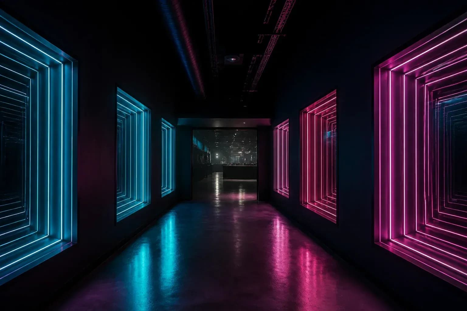 DMX infinity mirror tunnel in a nightclub corridor with synchronized RGB color along the walls