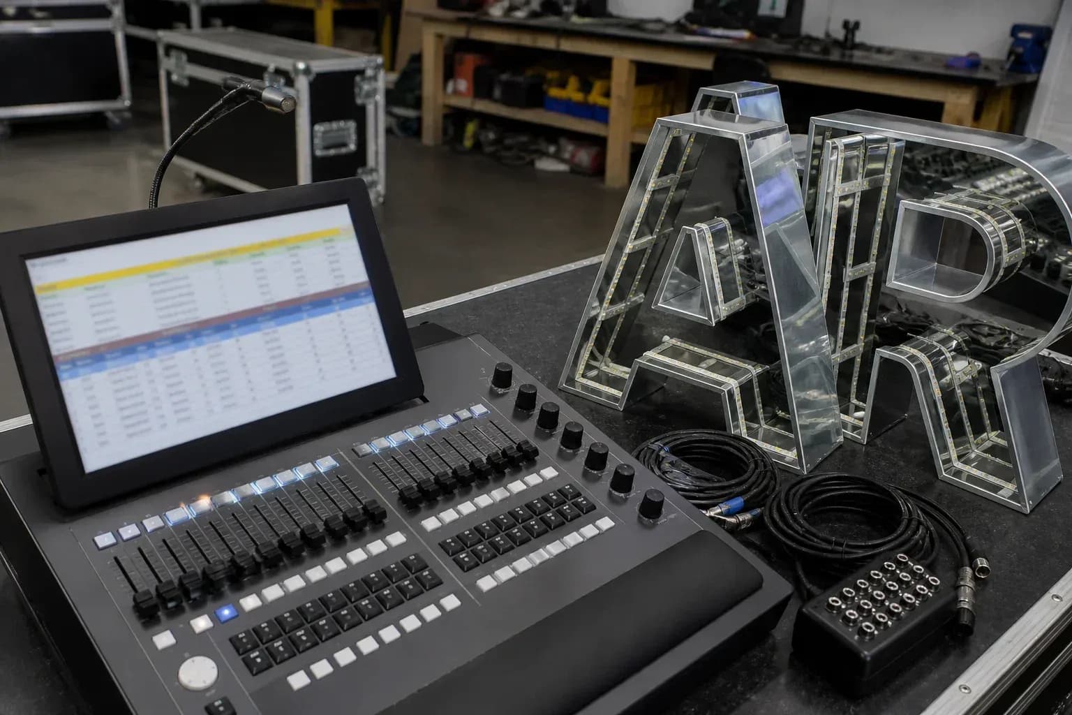 Lighting console and DMX universe map beside infinity mirror letter cells prepared for nightclub show control