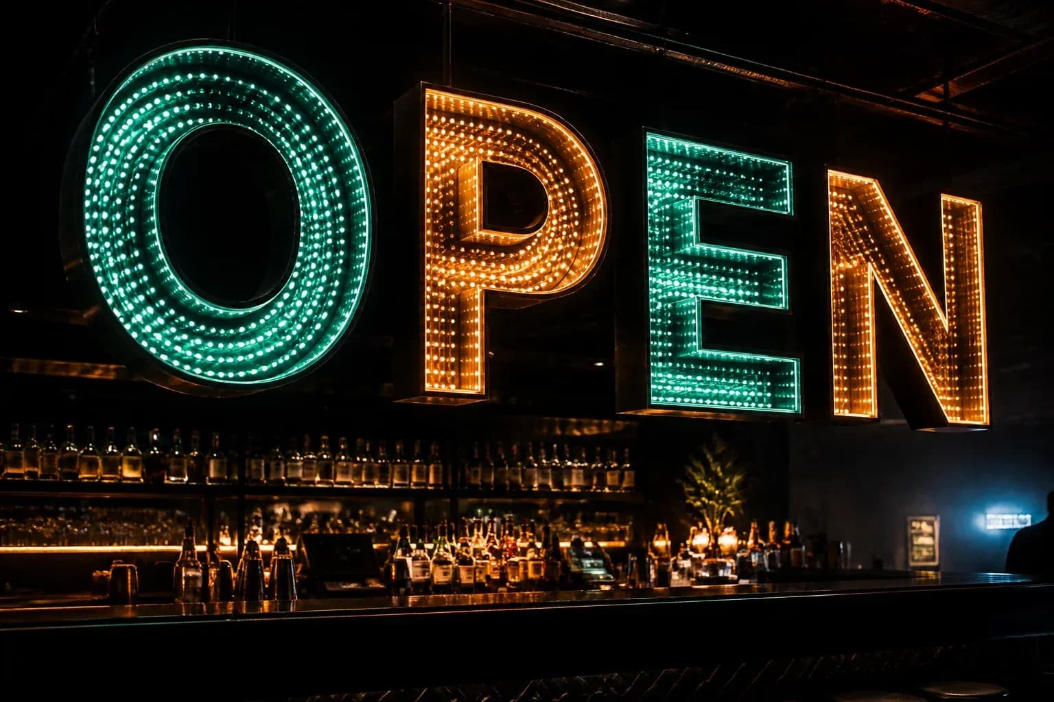 Infinity mirror letter wordmark suspended above a nightclub bar with endless RGB tunnels in each character