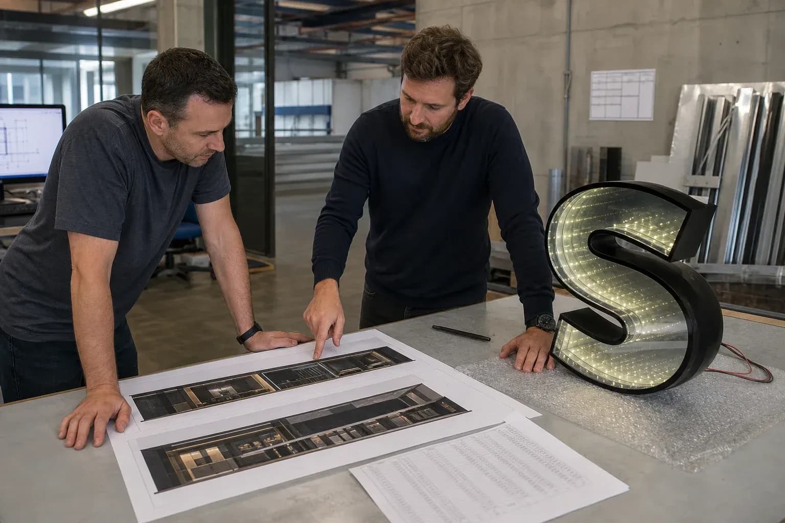 Engineers reviewing nightclub elevation drawings and a DMX address spreadsheet next to an infinity mirror letter prototype