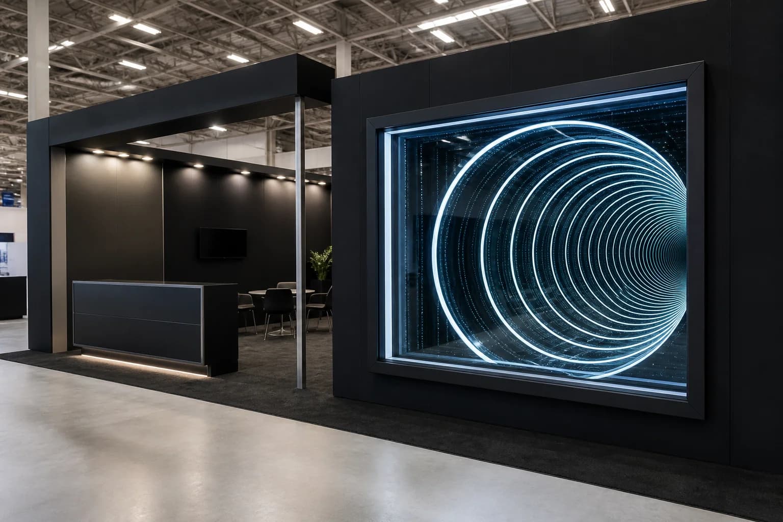 Trade show exhibition booth with a modular infinity mirror focal wall glowing cool-white tunnel depth under bright hall lighting