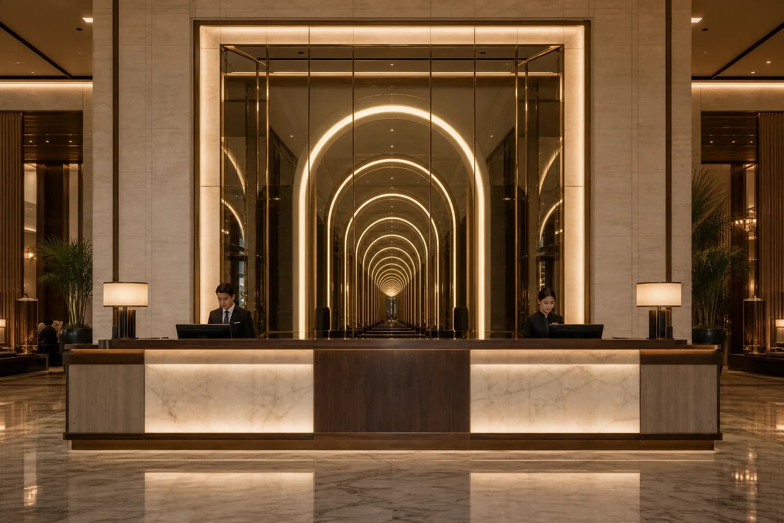 Luxury hotel reception desk with a multi-panel hotel lobby infinity mirror glowing a warm-white tunnel behind stone and bronze reveals