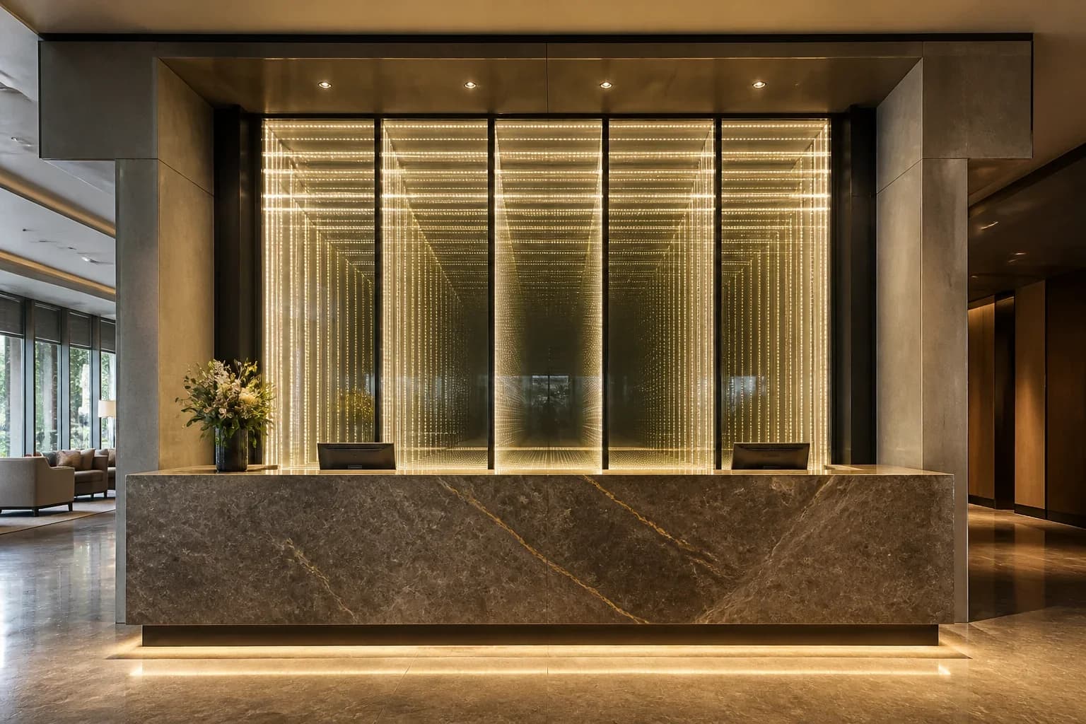 Hotel lobby reception with a multi-panel infinity feature wall glowing behind the desk, framed in stone and metal reveals