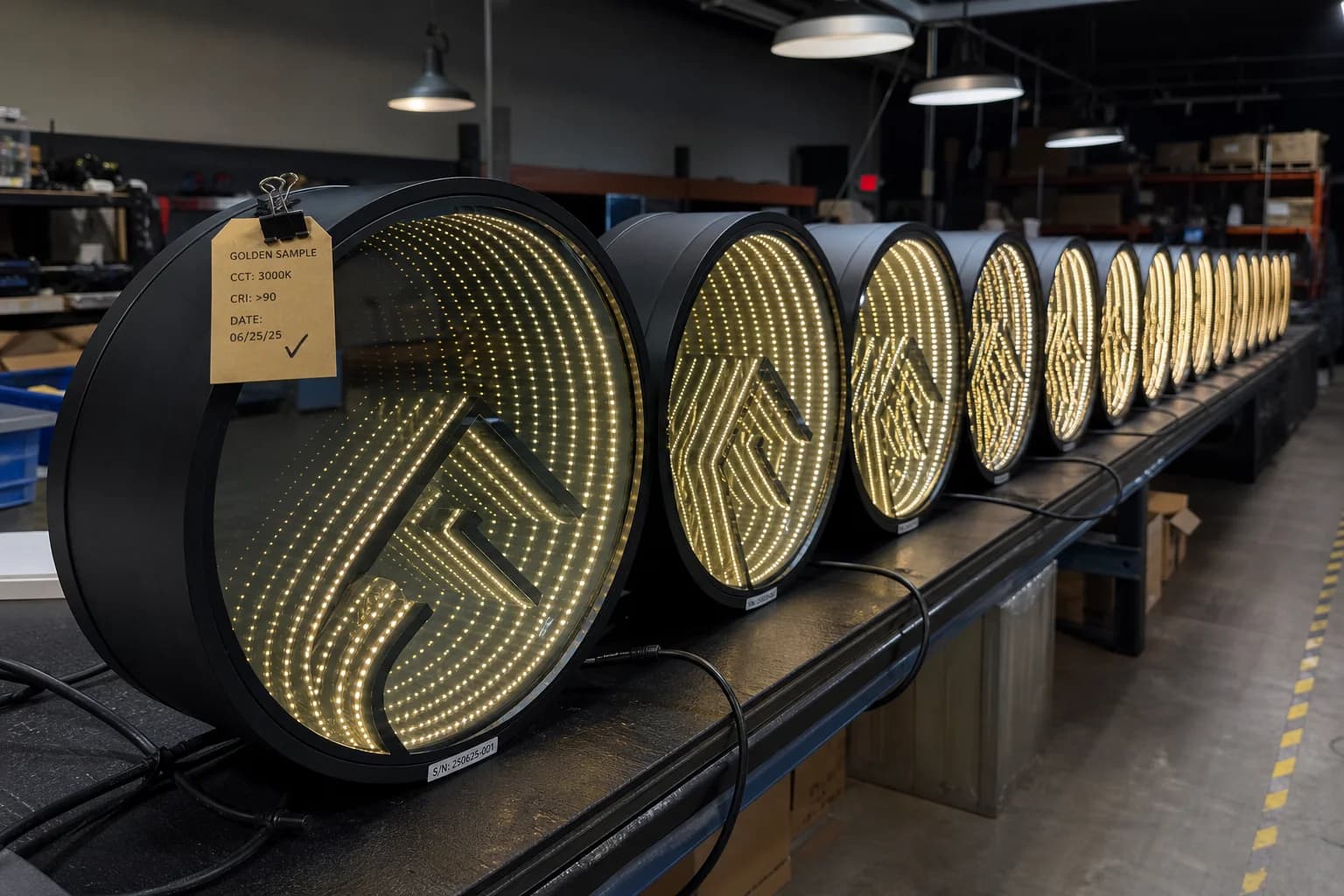 QC bench of identical circular infinity mirror logo signs in a dark workshop, nearest unit tagged as the golden sample