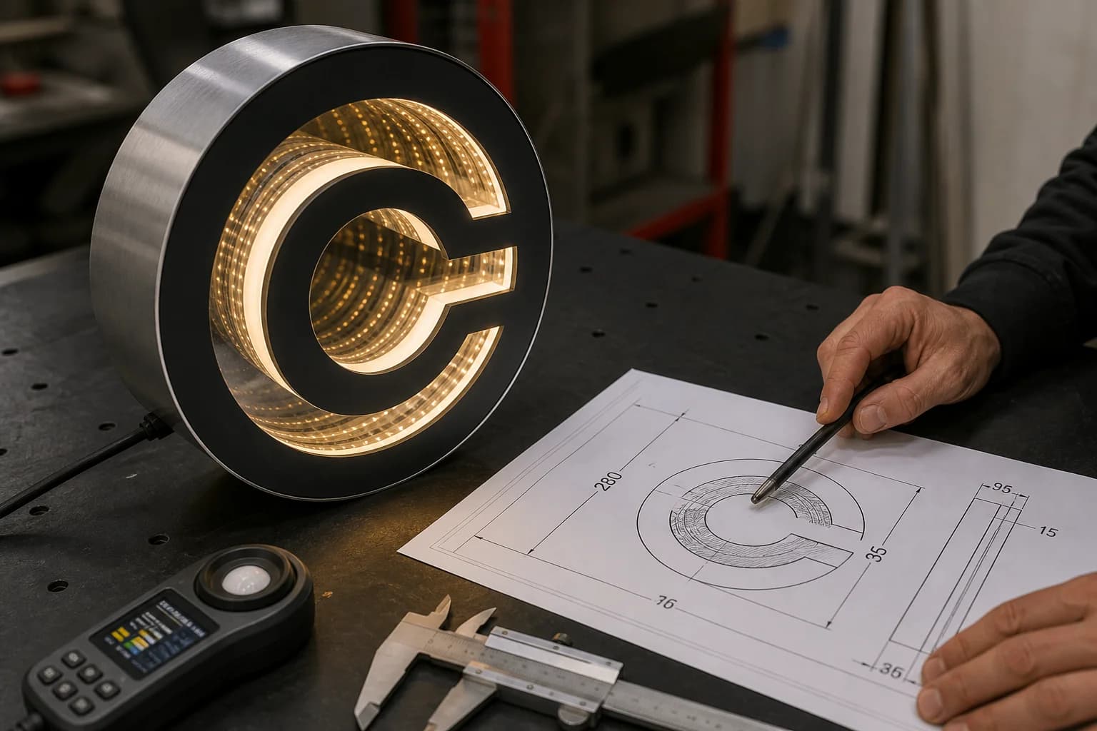 Engineer measuring a lit infinity logo cell with calipers beside shop drawings and a color meter