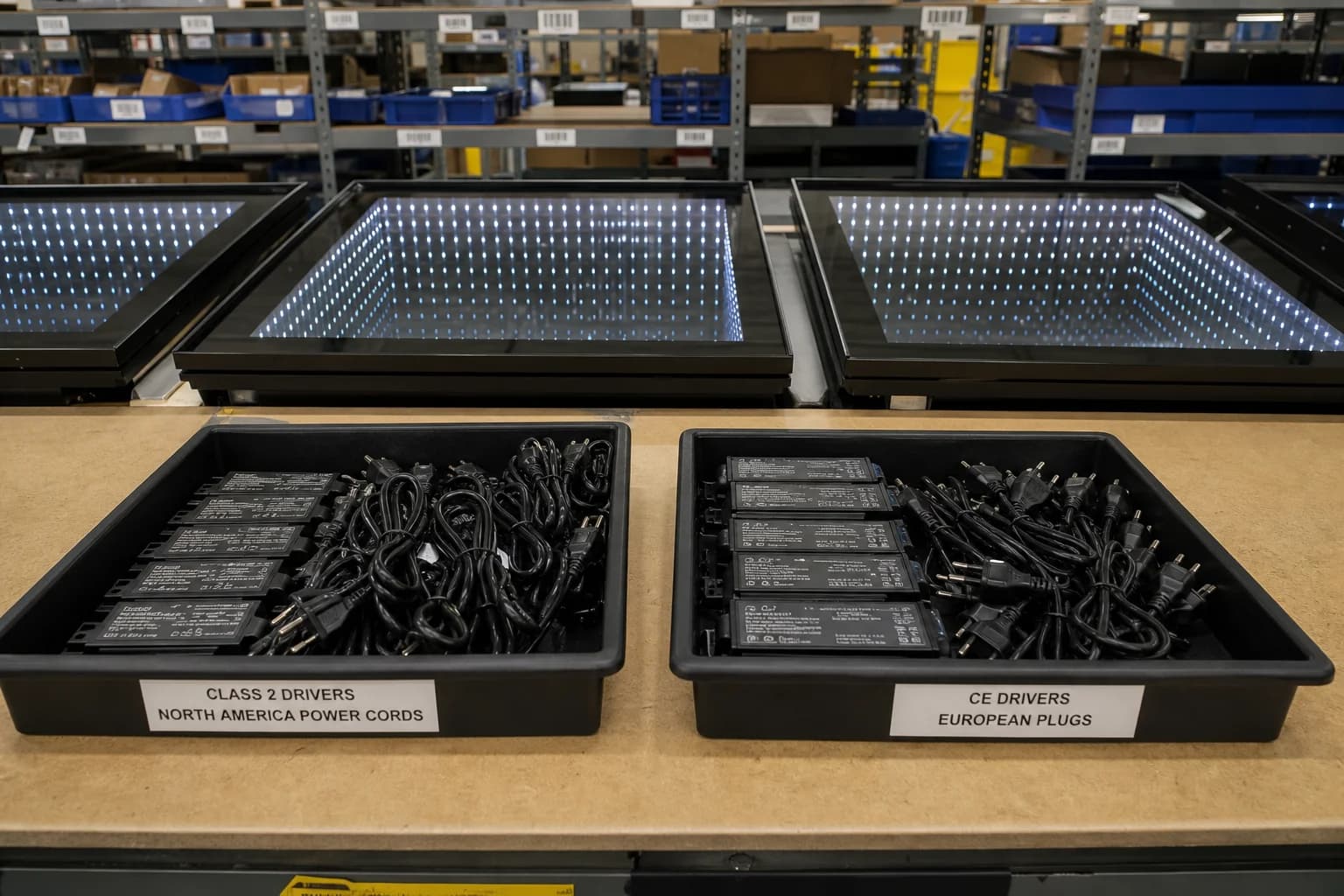 UL Class 2 and CE-marked LED driver trays kitted in front of identical black infinity mirror frames