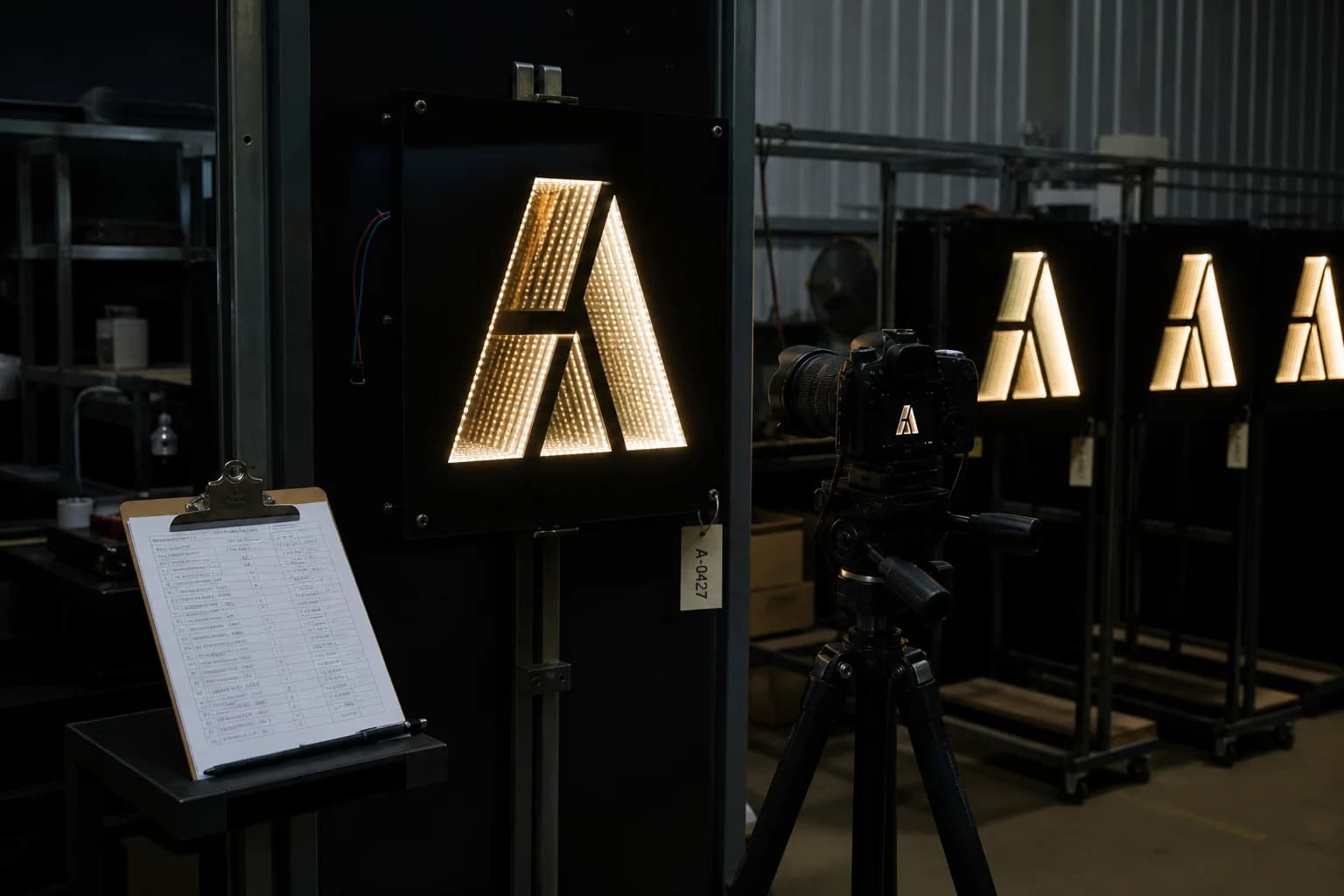 Powered infinity logo panel on a vertical QC jig photographed with a tripod, serial tag on the frame