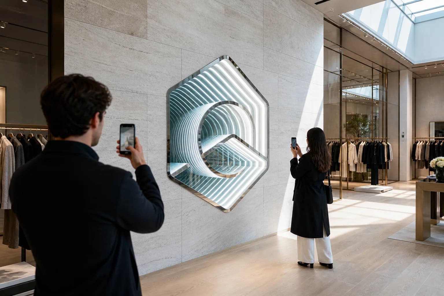 Shoppers photographing a retail infinity logo tunnel on a flagship stone feature wall under bright store lighting