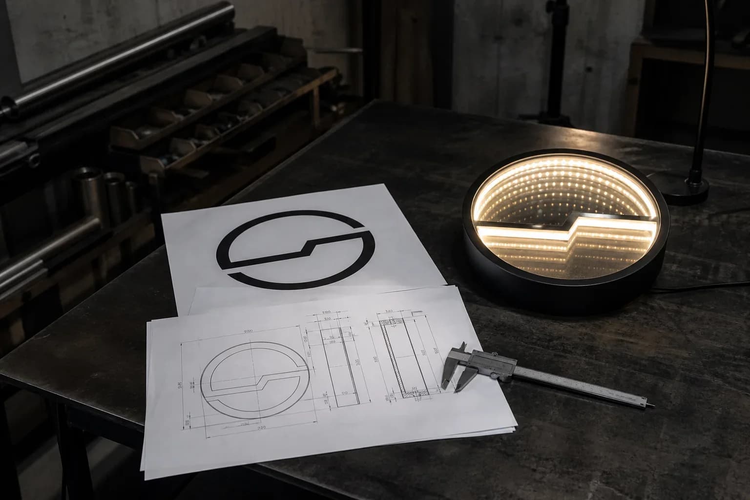 Workshop table with printed shop drawings, calipers, and a circular infinity mirror sample glowing a warm-white tunnel