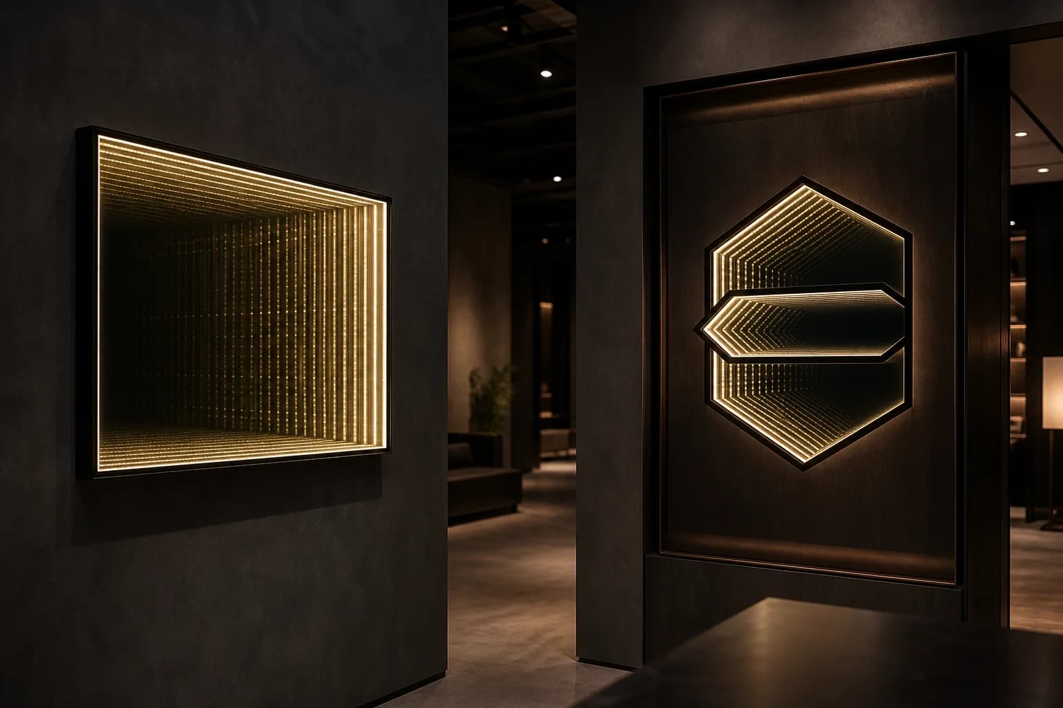 Dark showroom with a rectangular standard infinity focal panel on the left wall and a custom geometric infinity logo set into millwork on the right