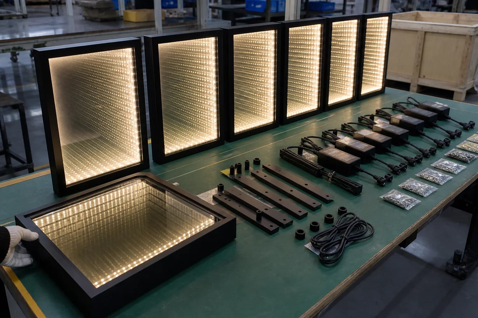 Workshop bench with identical rectangular infinity focal panels, driver bricks, and installation-ready mounting kits