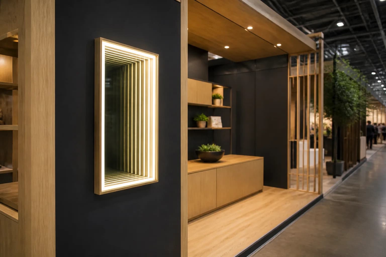 Trade-show booth with a rectangular infinity focal panel mounted on a black wall beside oak millwork