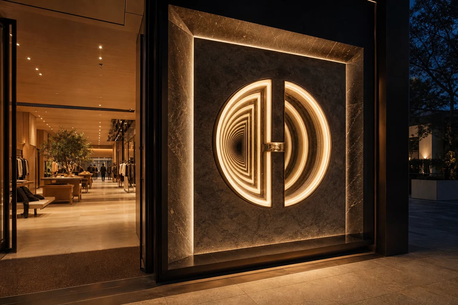 Nighttime flagship facade with a circular custom infinity logo sign set into a marble millwork niche