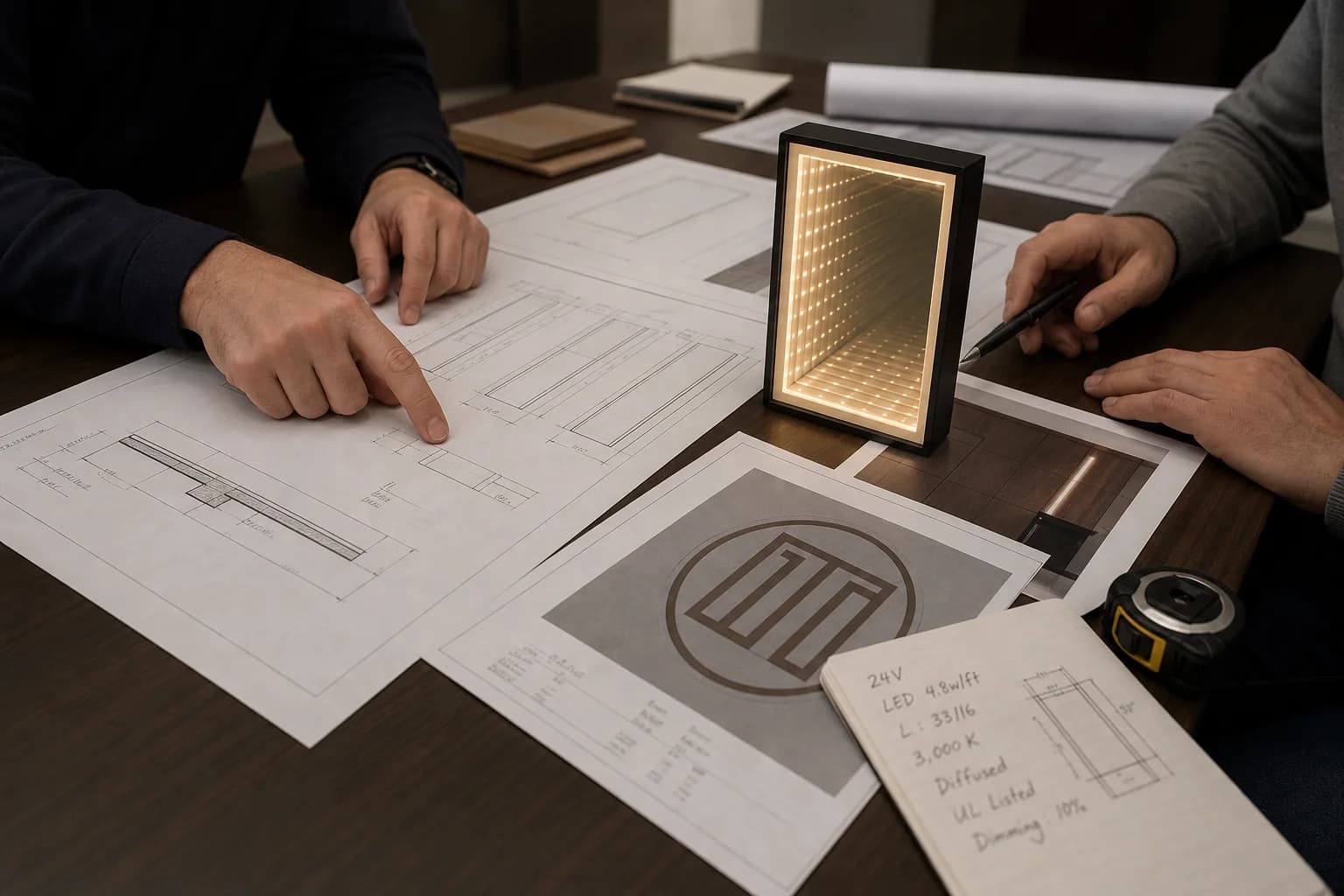 Specification review with shop drawings, a lit rectangular infinity panel sample, and voltage notes on the table