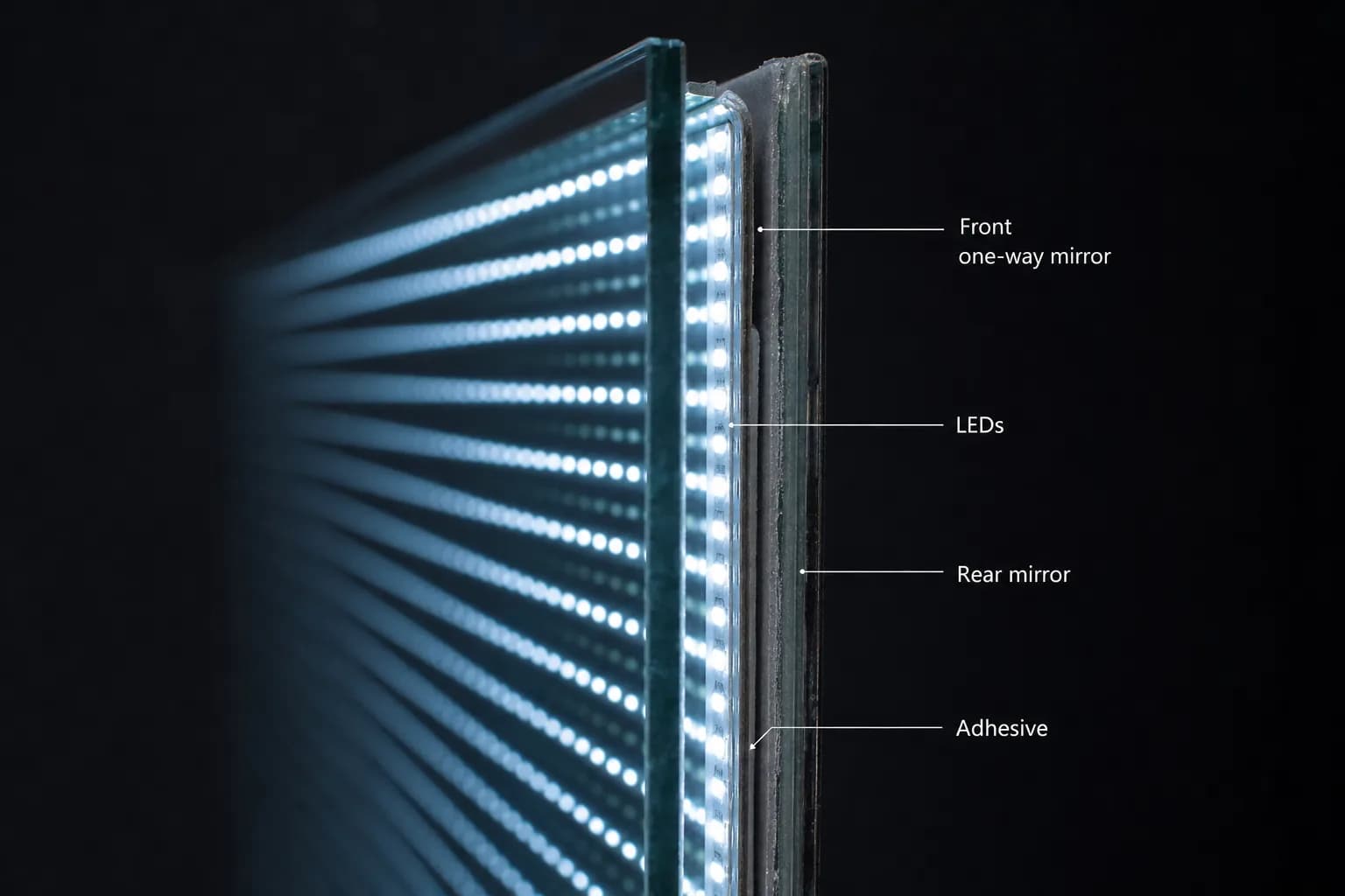 Macro view of layered optical glass and a one-way mirror creating an endless tunnel of light