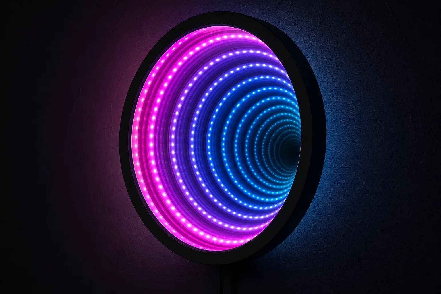 Infinity mirror sign shifting through RGB scene colors