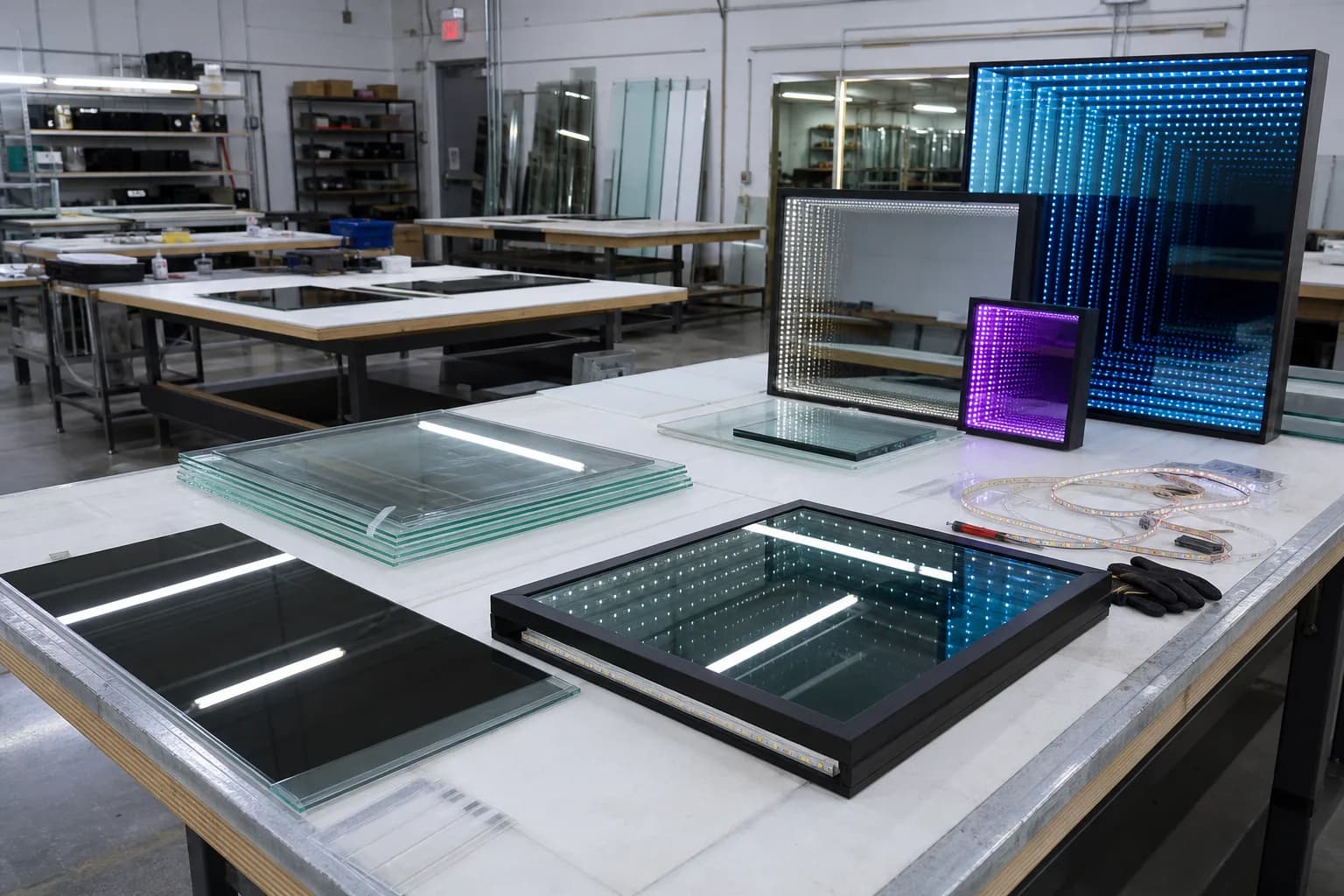 Infinity mirror fabrication workshop with layered glass, LED assembly, and illuminated samples