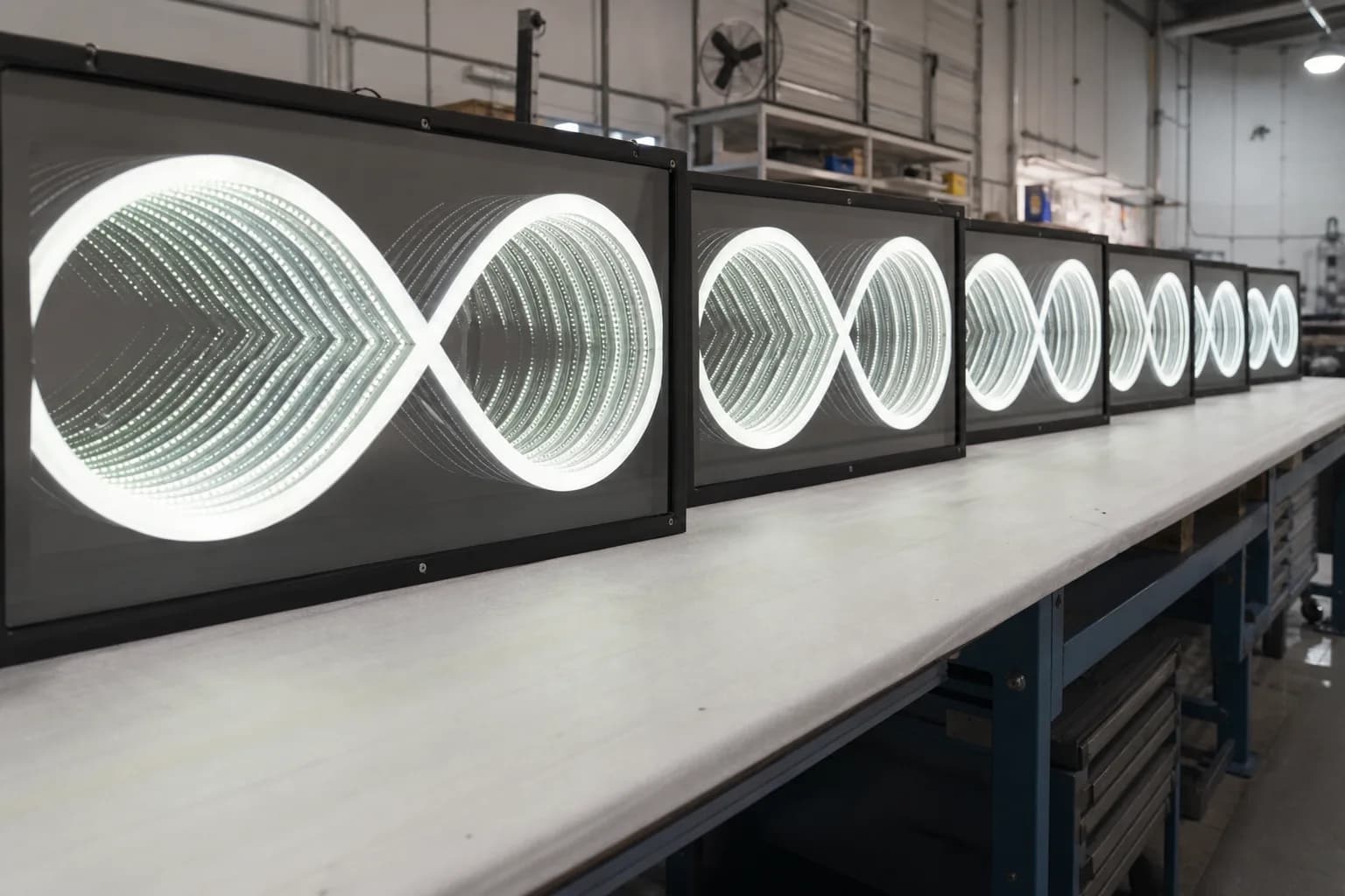 Identical infinity mirror logo panels prepared for a multi-location brand rollout