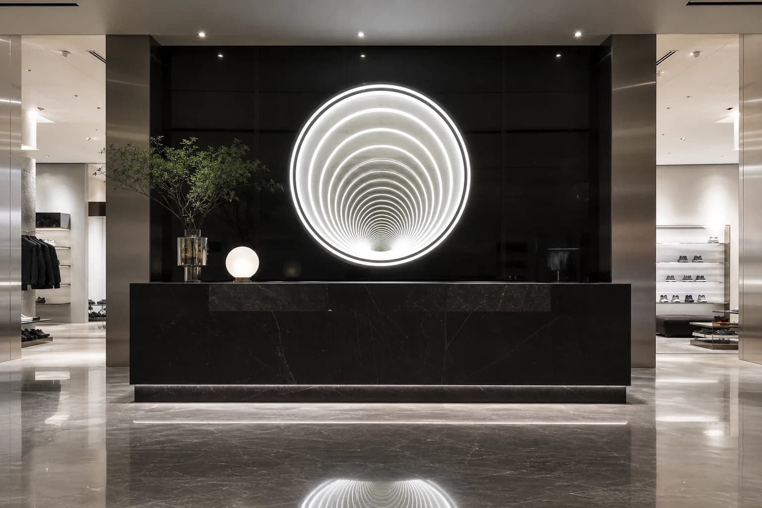 Brand logo rendered as a glowing infinity mirror tunnel on a flagship retail feature wall