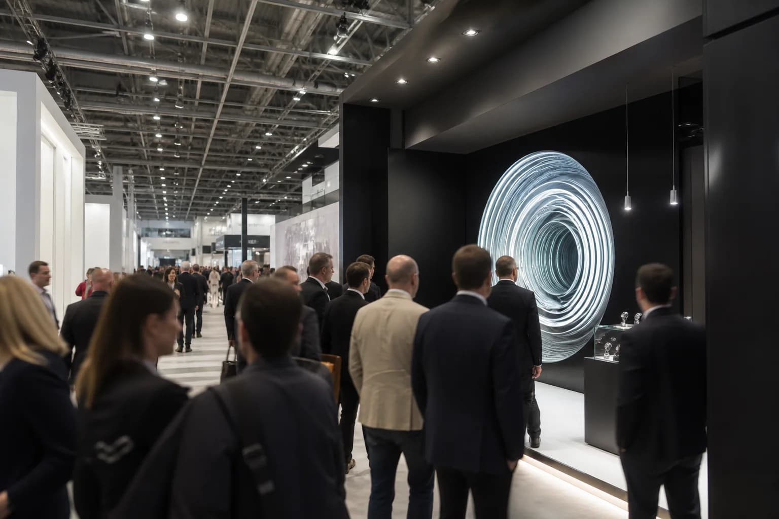 Bright exhibition hall aisle with a glowing infinity mirror focal wall pulling attention toward a trade show booth