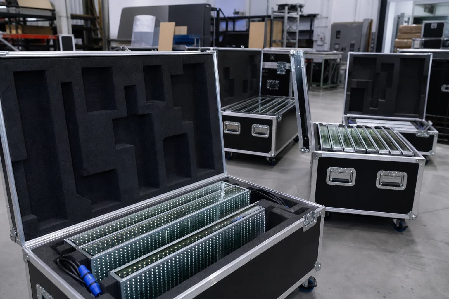 Labeled road cases and modular infinity mirror focal wall panels packed in foam for exhibition travel