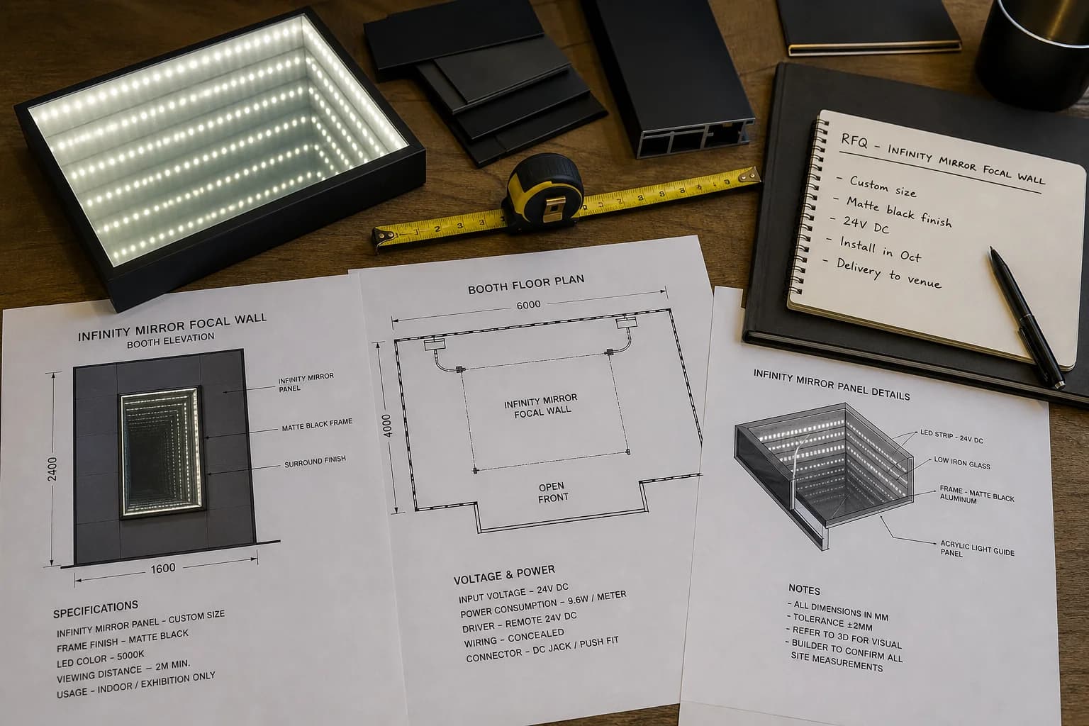 Booth floor plans and a lit infinity mirror panel sample on a table during an exhibition RFQ review