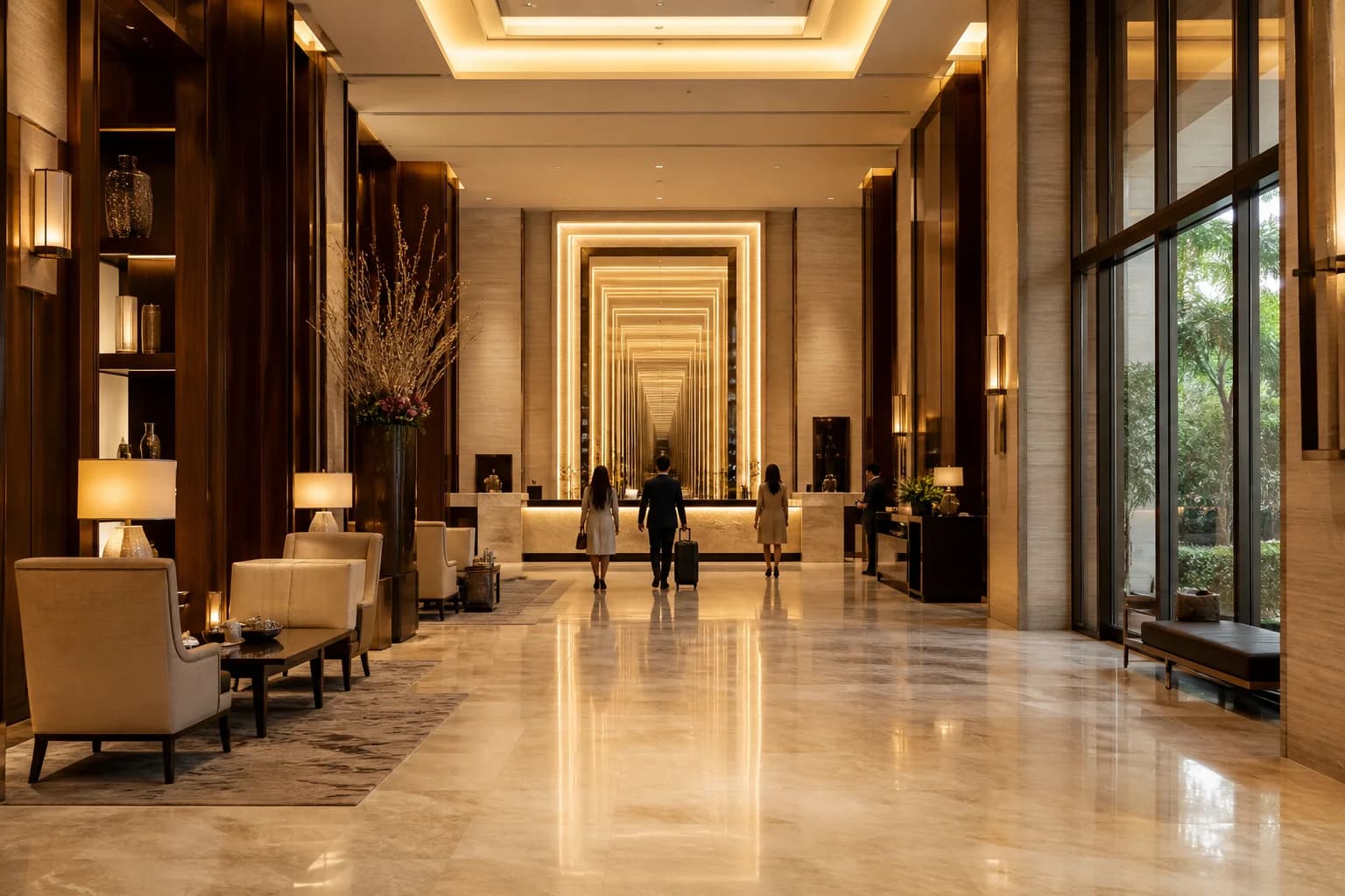 Long hotel lobby axis looking toward a warm-white hospitality feature wall behind the reception desk