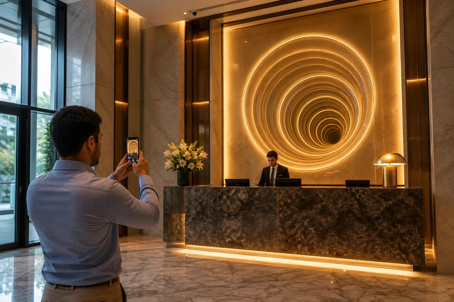 Guest photographing a hotel lobby infinity mirror from mid-lobby under mixed daylight and warm hospitality downlights