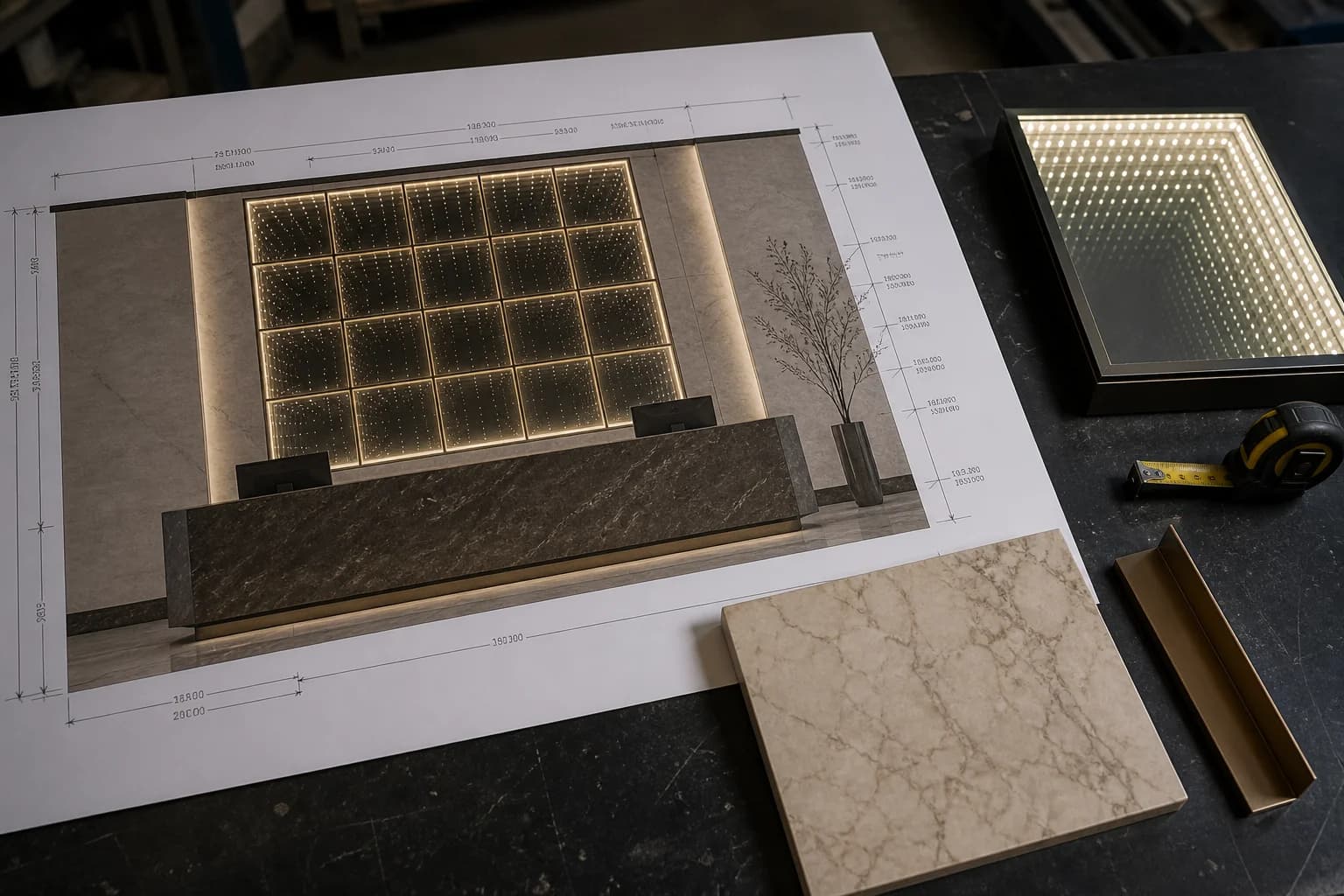Shop drawings of a hotel reception elevation with a multi-panel infinity wall in a stone niche, marble and bronze samples on the table