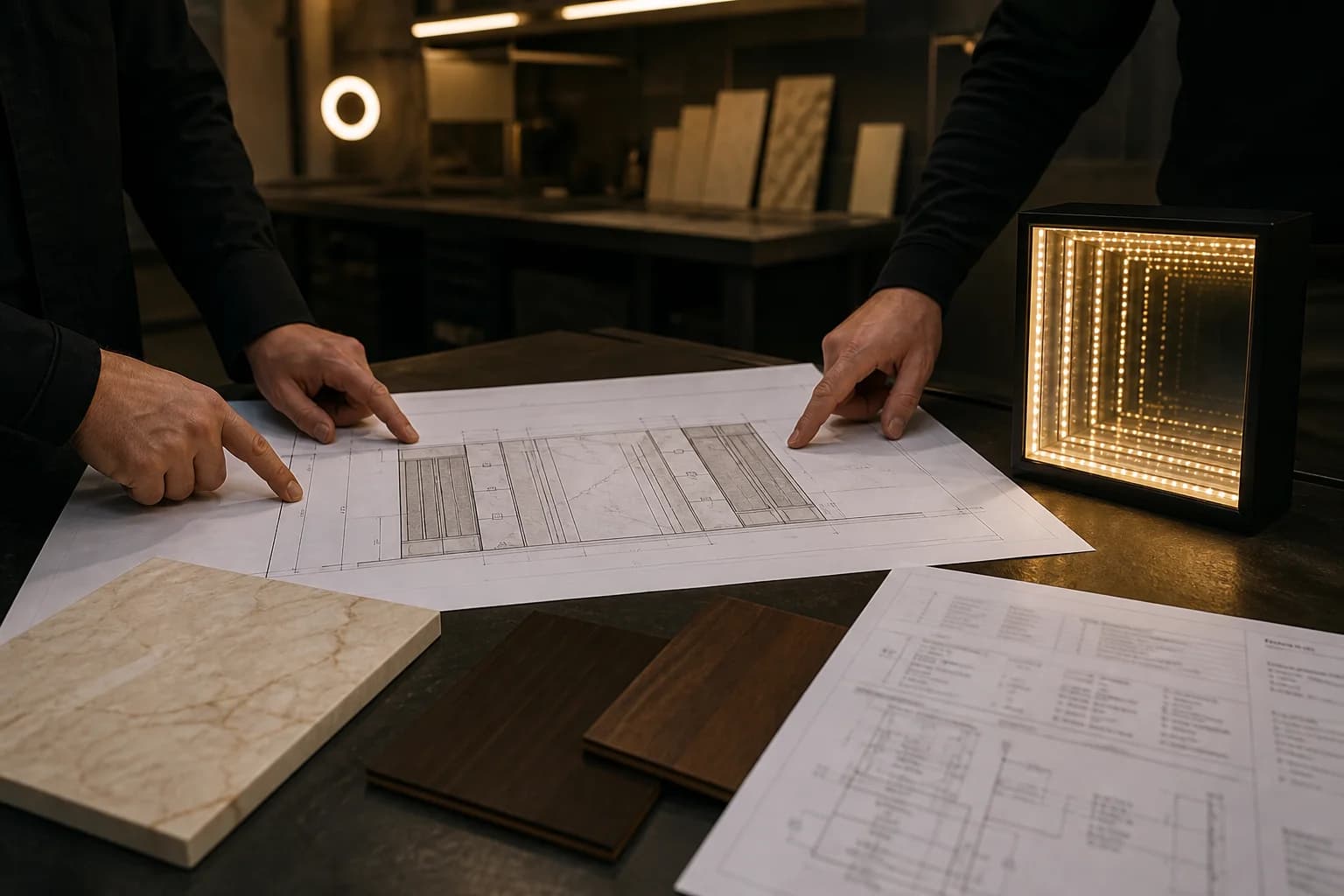 Project team reviewing hotel lobby shop drawings and a warm-white infinity mirror sample on a fabrication table