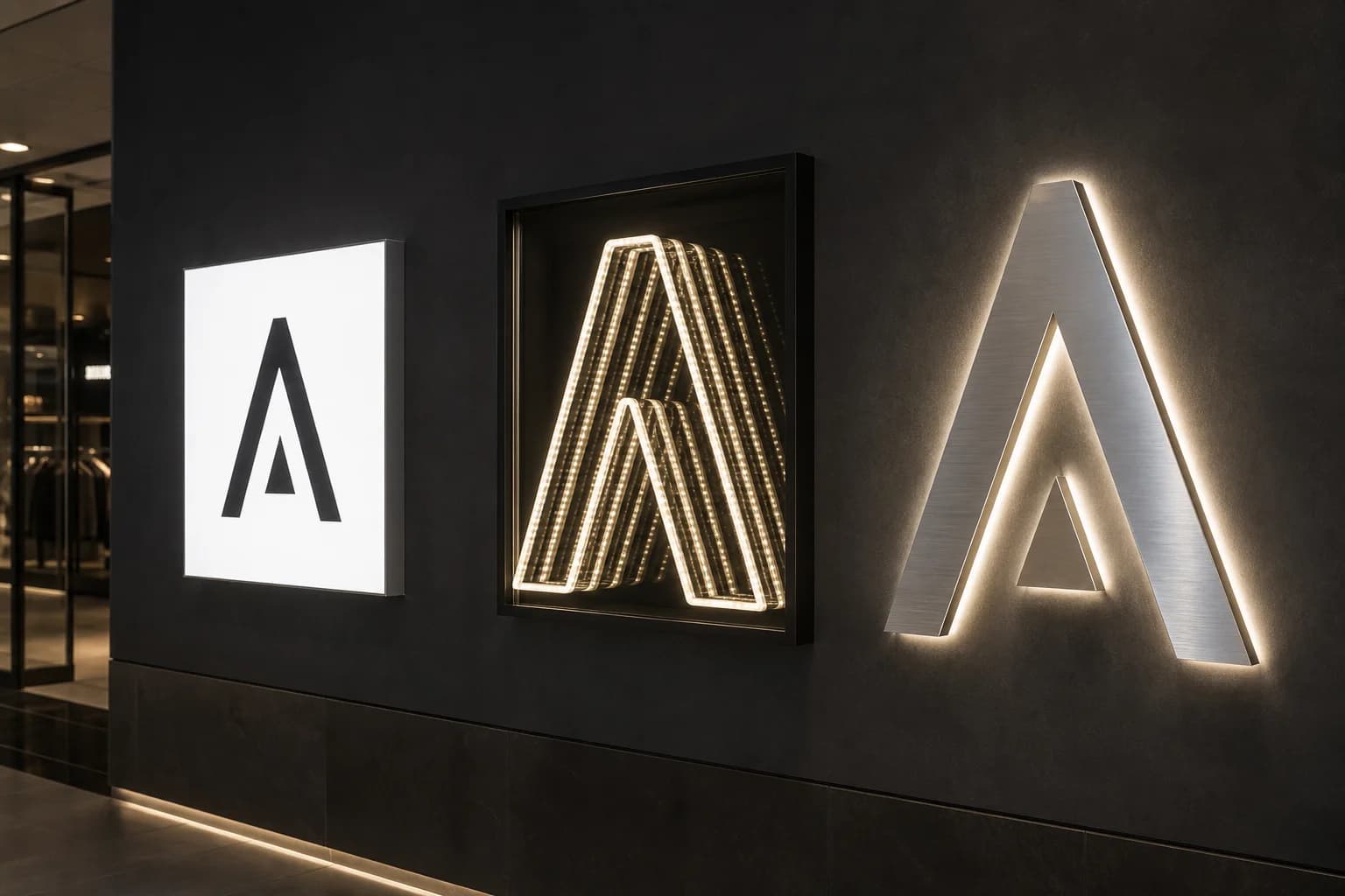 Side-by-side retail wall showing an LED lightbox, an infinity mirror logo tunnel, and halo channel letters for comparison