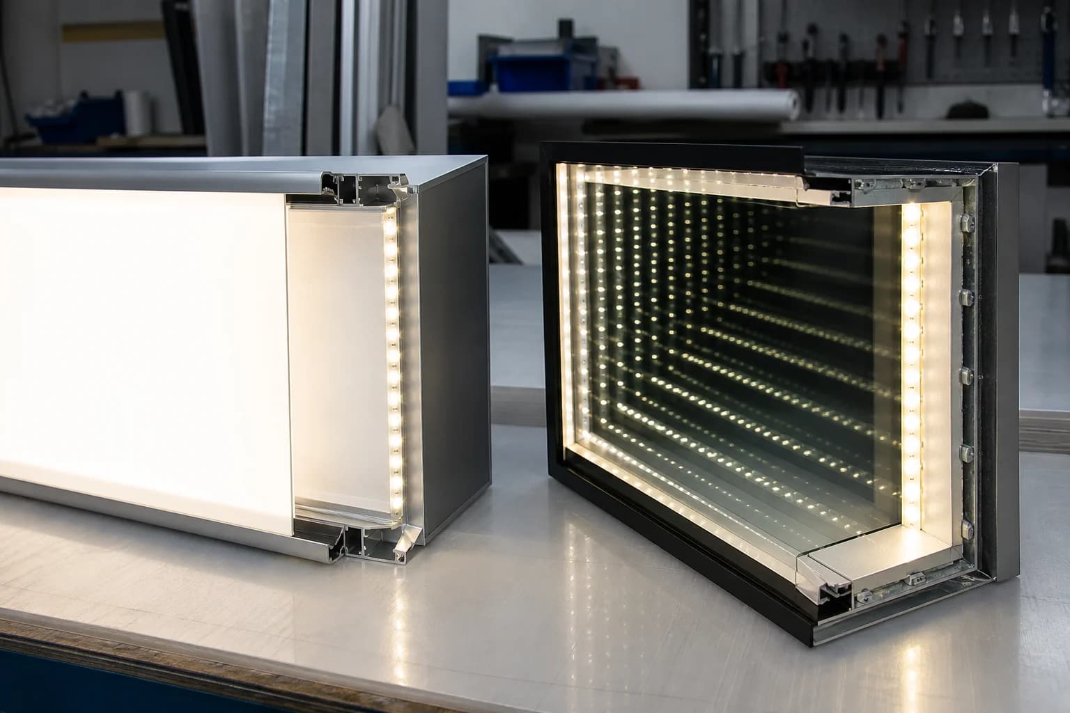 Workshop comparison of a shallow LED lightbox frame beside an infinity mirror optical stack with one-way glass and rear mirror