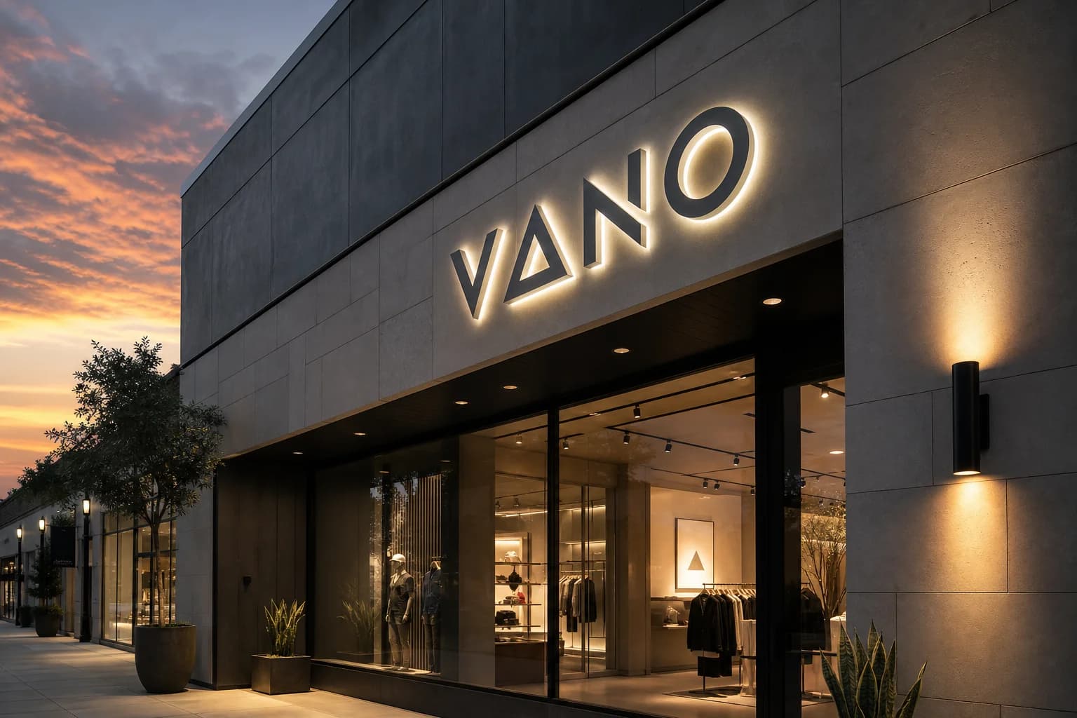 Dusk storefront with dimensional LED channel letters and halo glow for clear façade identification