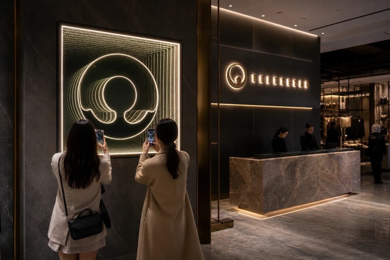 Retail feature zone pairing an infinity mirror logo tunnel with conventional illuminated letters on an adjacent fascia