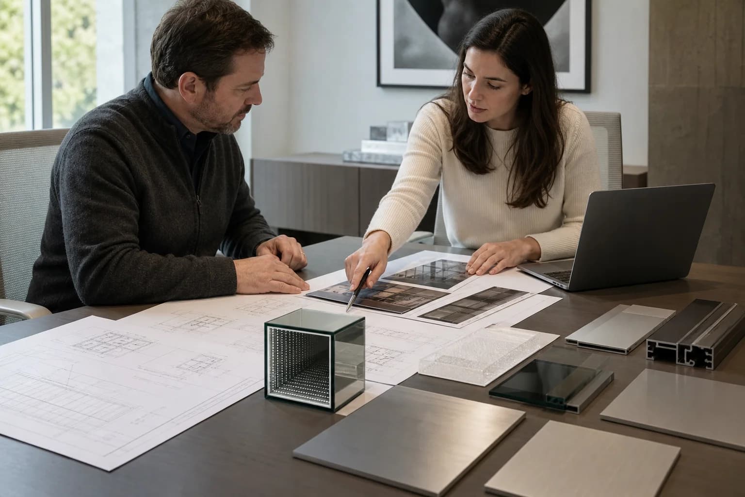 Architect and contractor reviewing shop drawings and an infinity mirror glass sample during a signage RFQ coordination meeting