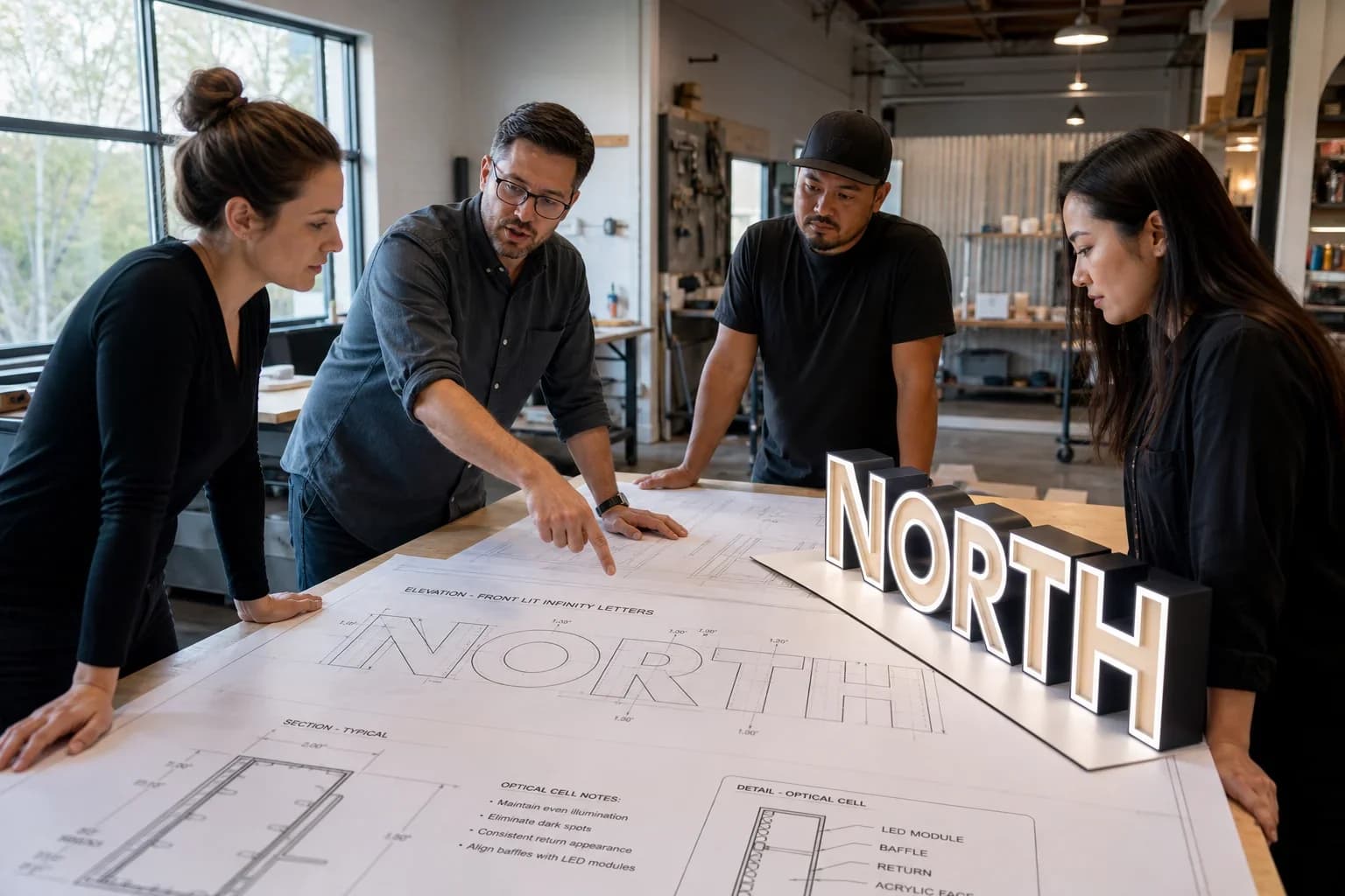 Team reviewing shop drawings and a lit infinity letter wordmark sample for even depth across characters