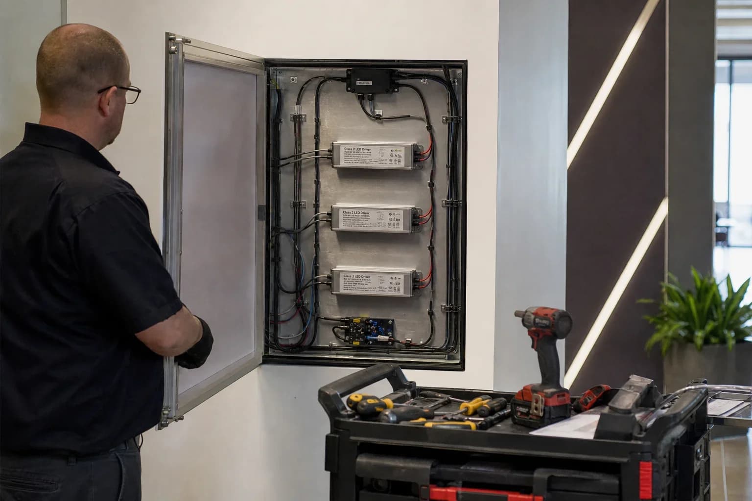 Technician opening a concealed rear hatch to labeled Class 2 drivers behind an infinity feature wall