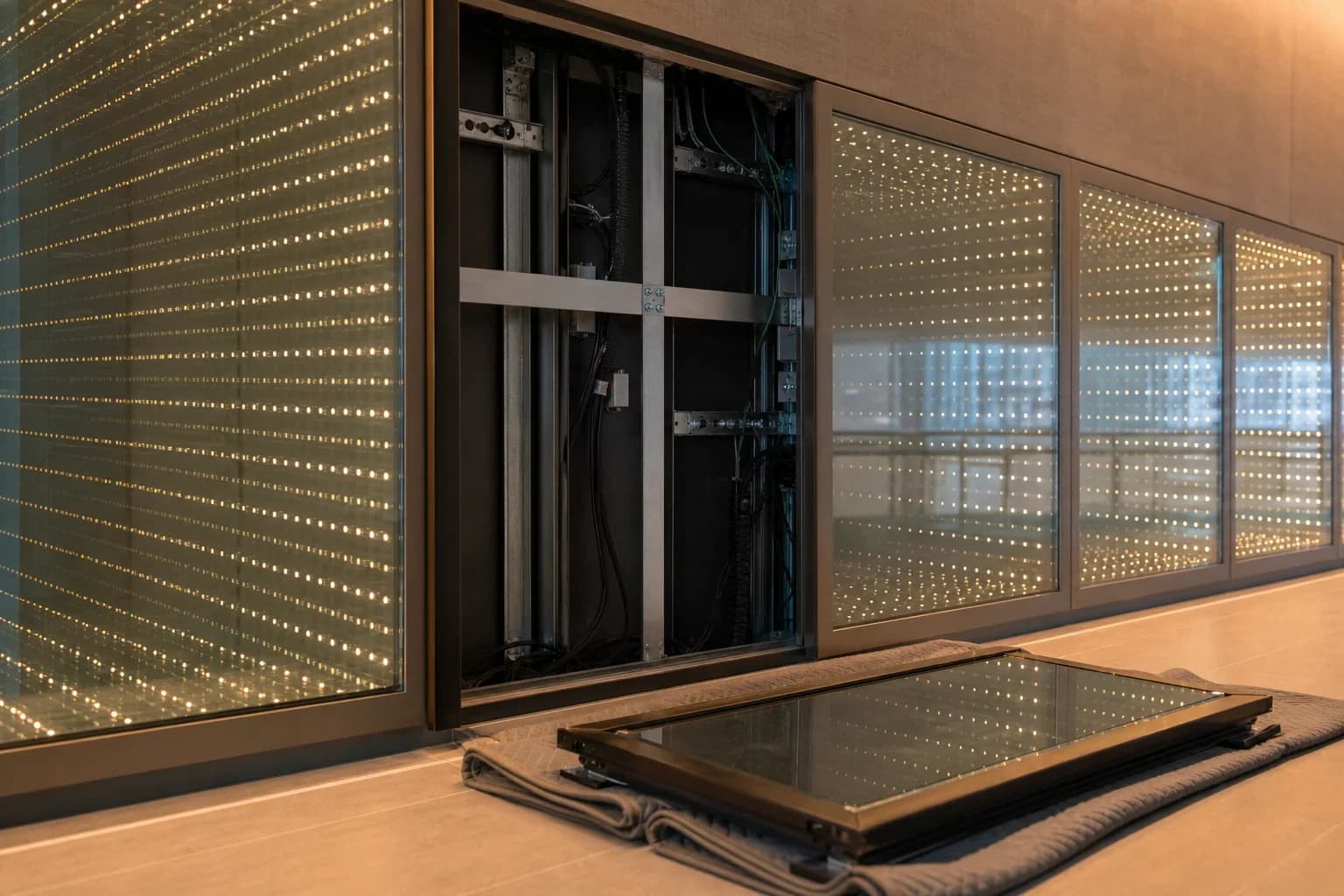 One bay removed from a multi-panel infinity feature wall revealing the mounting frame while adjacent bays stay lit
