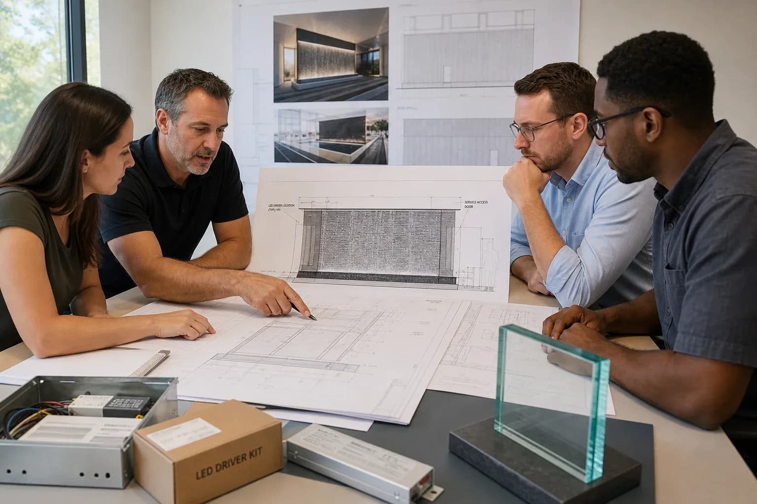 Project team reviewing shop drawings marked with service access doors and driver locations for an infinity feature wall