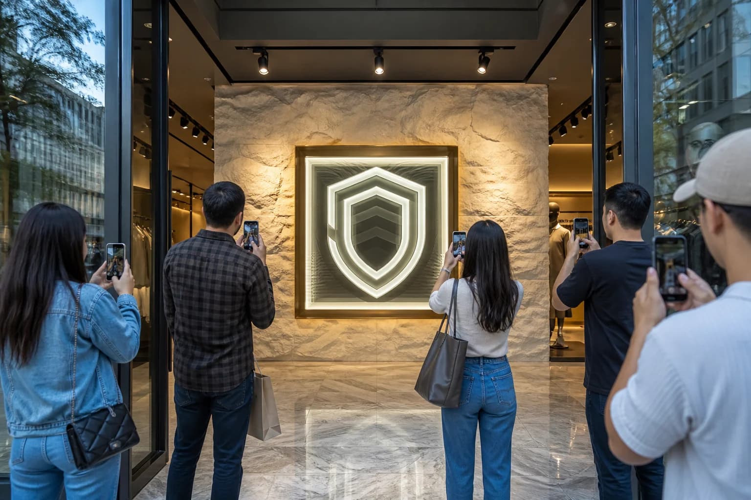 Guests pausing at a flagship entrance to photograph a retail infinity logo tunnel set into a stone feature wall