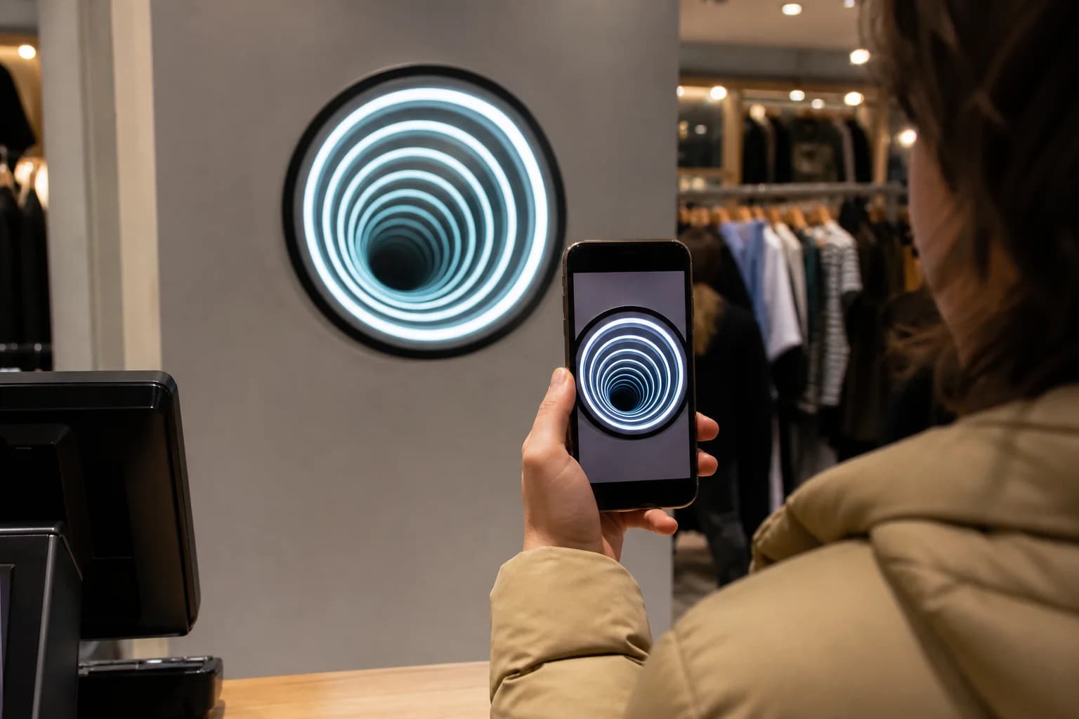 Close-range phone photo of a retail infinity logo tunnel at arm’s length, showing even rings without visible LED dots