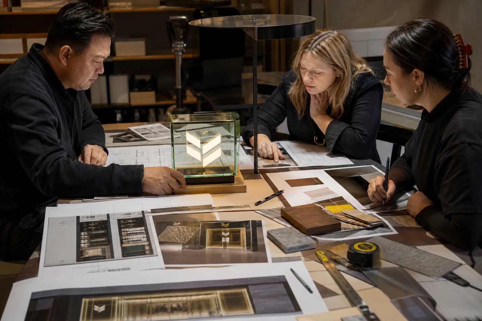 Brand team reviewing store elevations, phone test shots, and a glass infinity logo prototype under store-like lighting