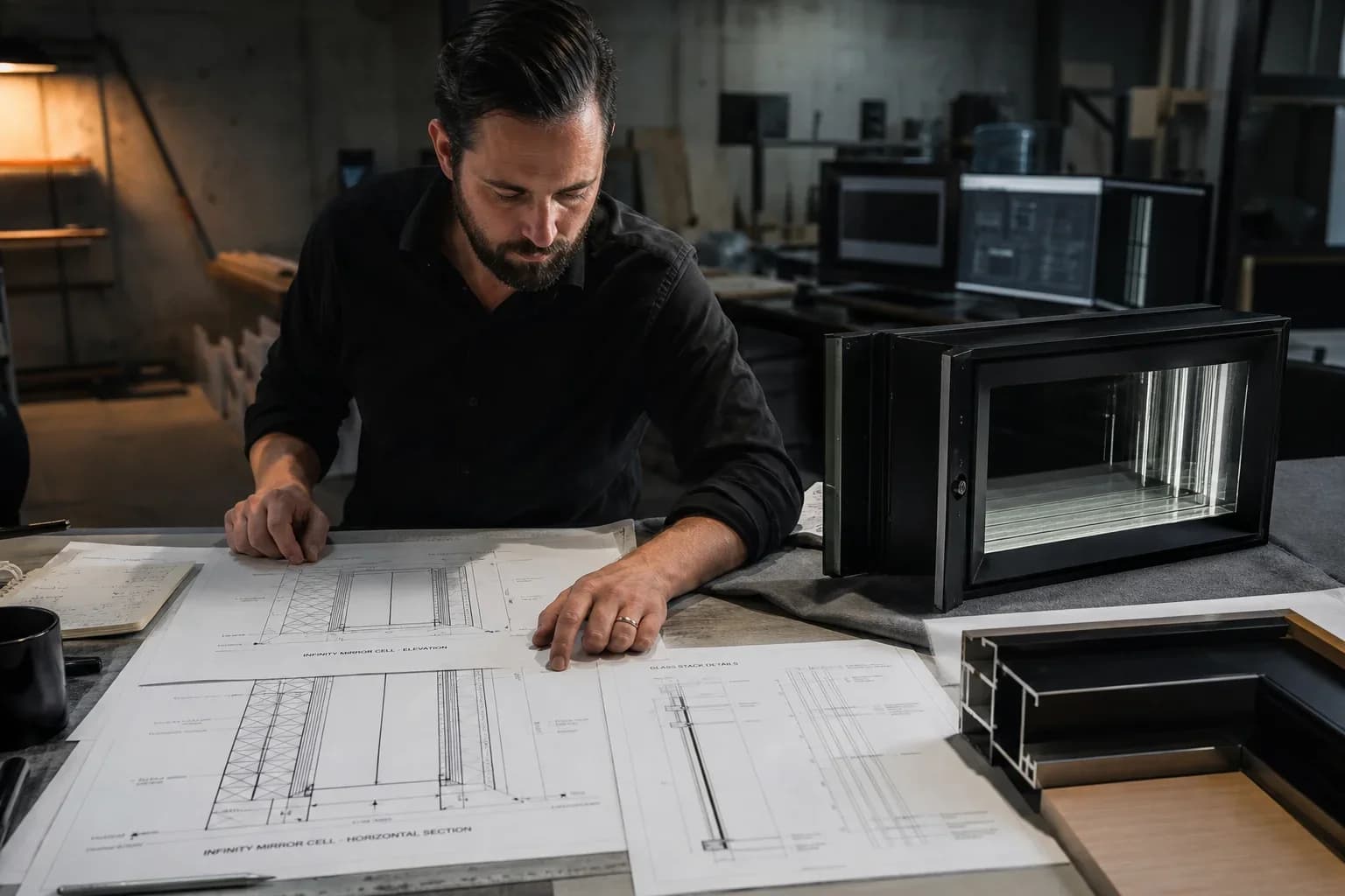 Engineer reviewing printed elevation drawings beside a CNC in a dark fabrication workshop