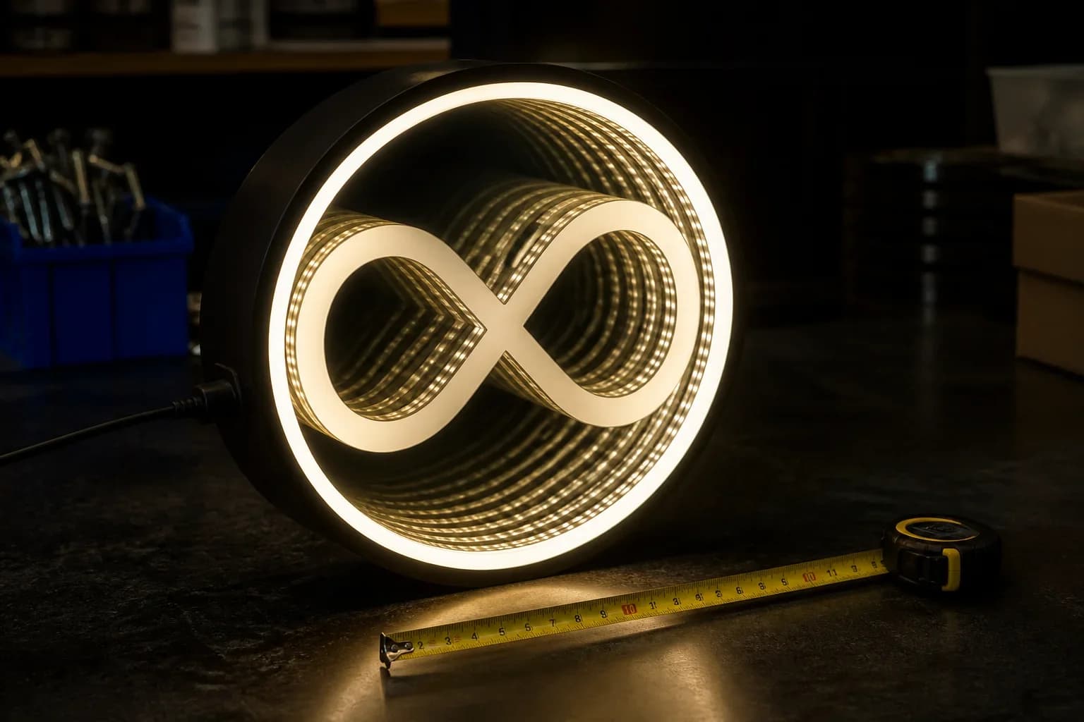 Lit circular infinity logo cell on a bench with a tape measure, warm-white first ring visible