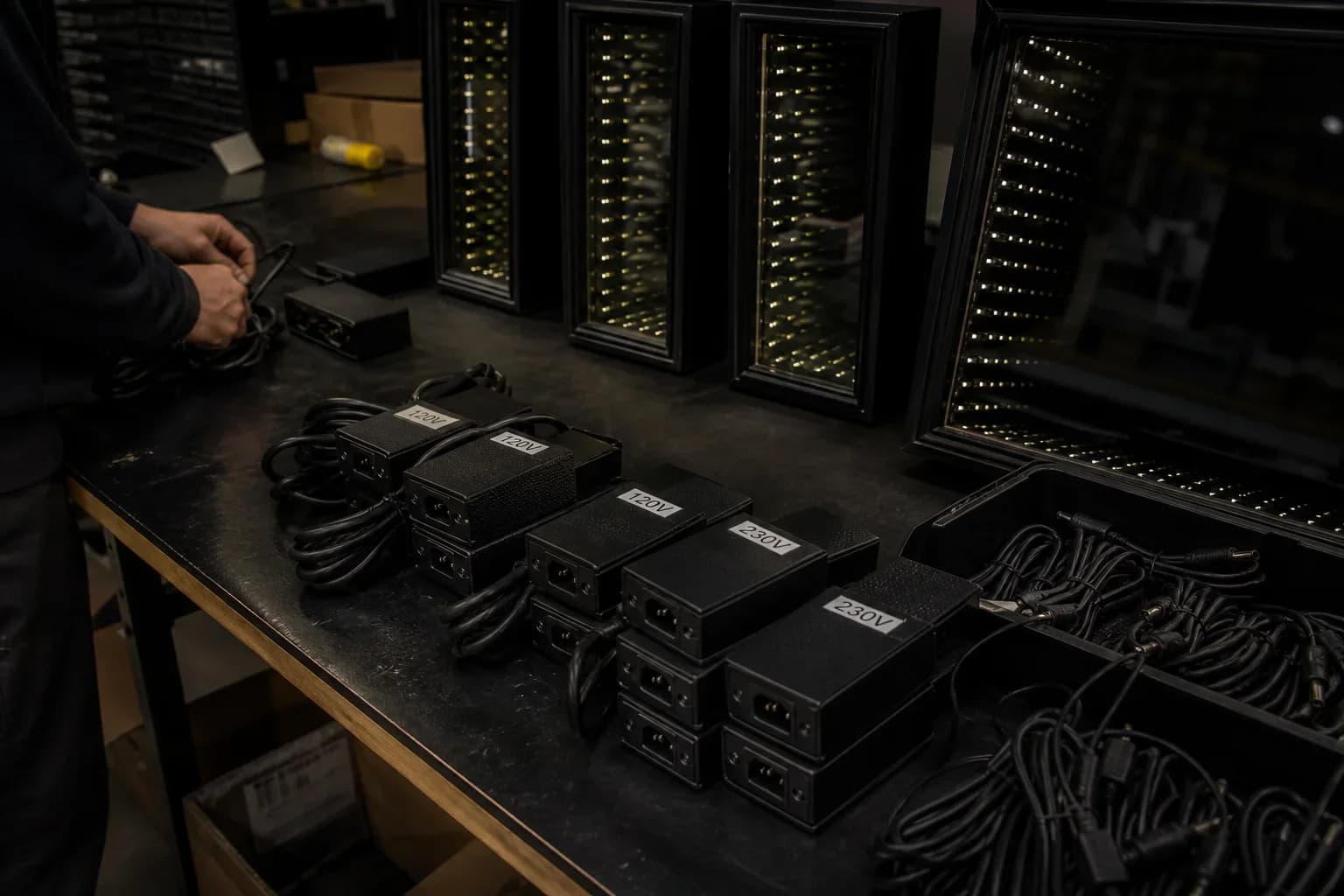 LED driver bricks labeled 120V and 230V on a kitting bench with coiled leads
