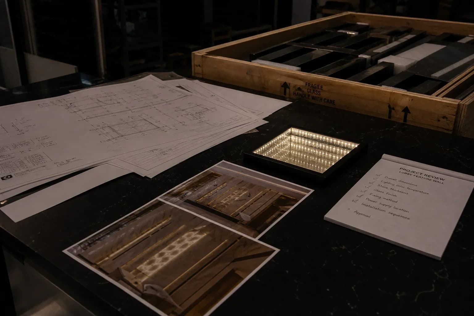 Export crate with foam cutouts, shop drawings, and a small lit infinity mirror sample on a review table