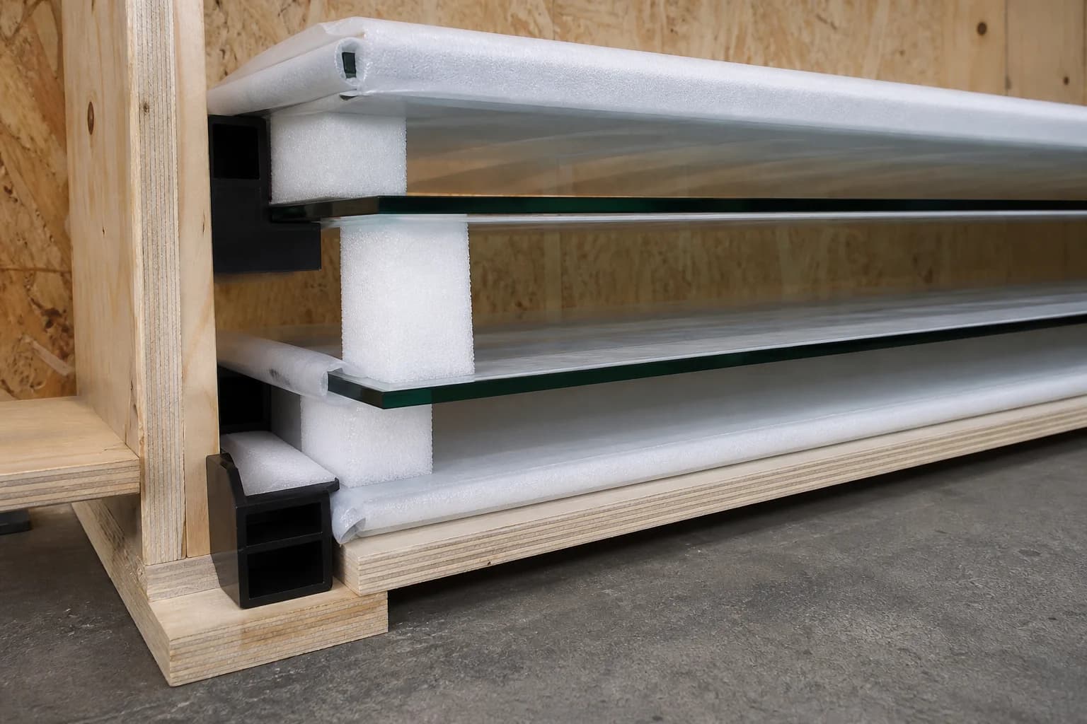 Close-up of foam spacers and corner guards protecting the glass layers of an infinity mirror optical stack for shipping