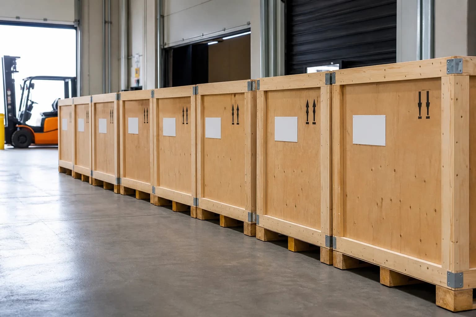 Row of identical sealed wooden export crates on pallets for a multi-location OEM infinity mirror rollout