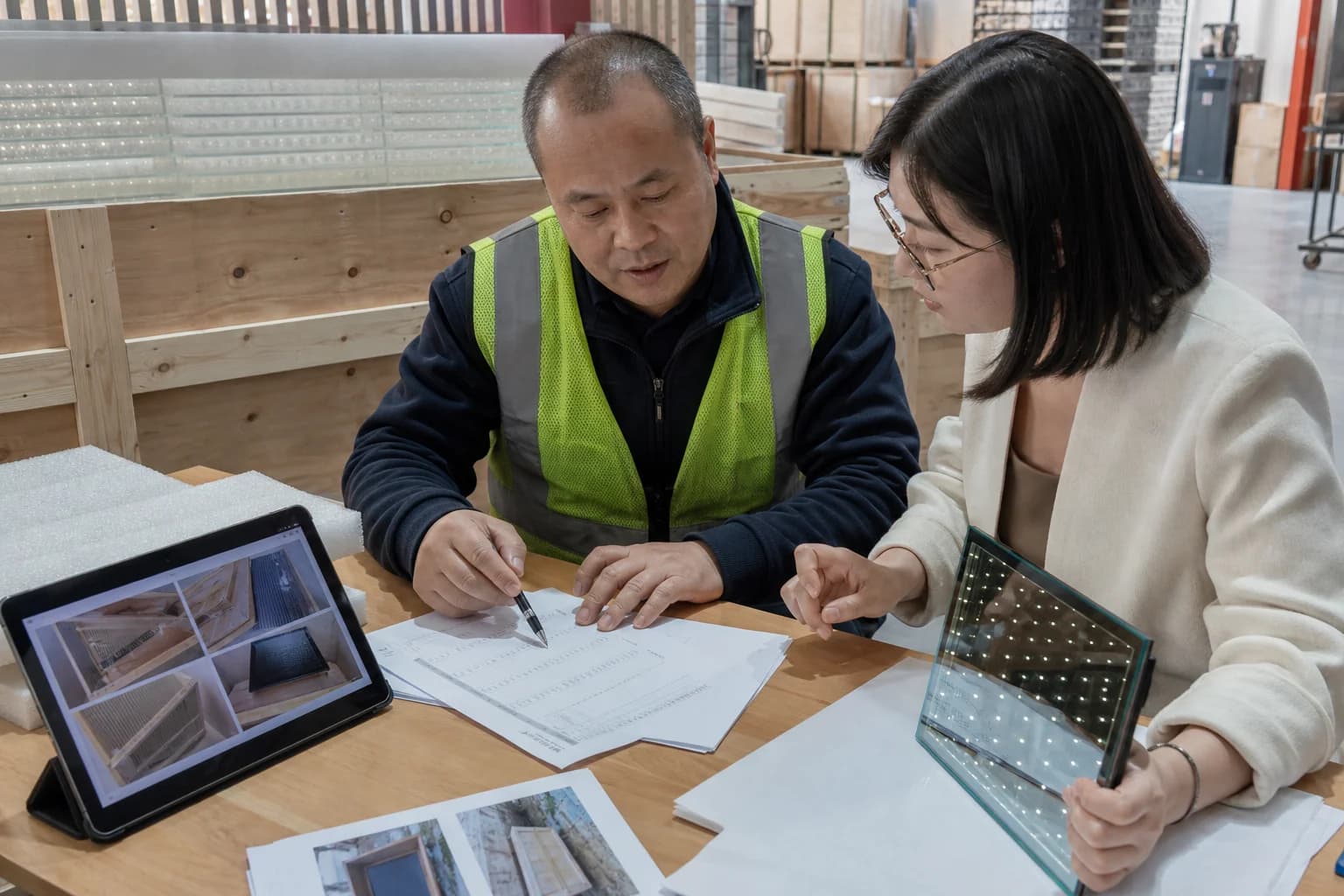 Warehouse team reviewing packing list paperwork and crate photos beside foam materials for an infinity mirror export shipment