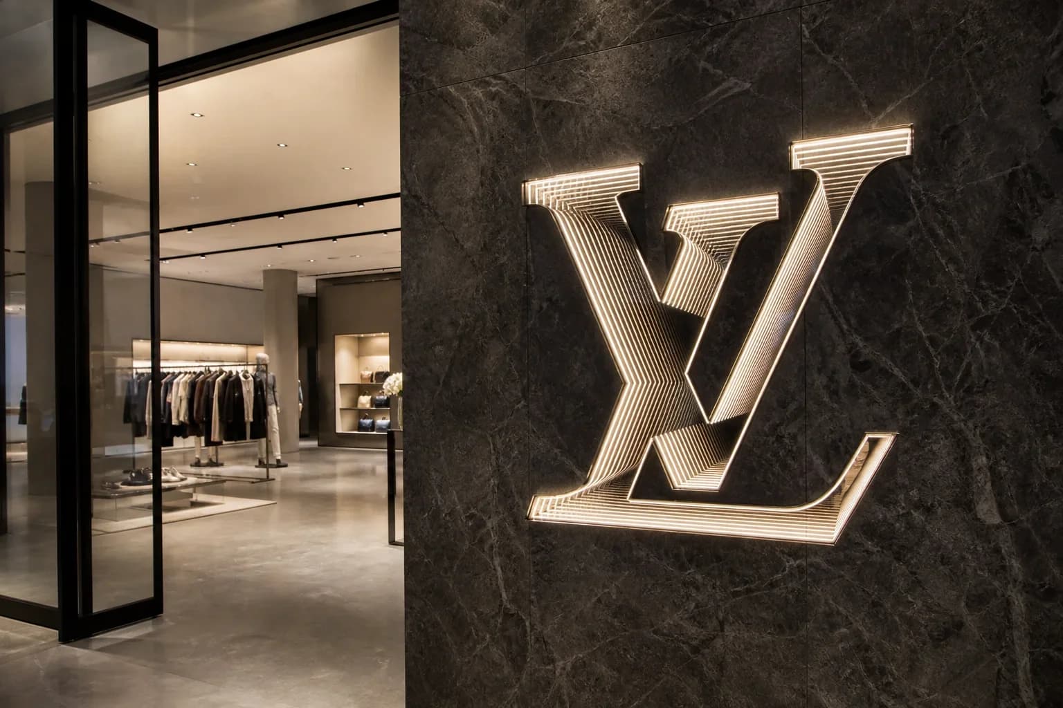 Flagship retail entrance featuring an infinity mirror logo glowing as an endless tunnel of light on a stone feature wall